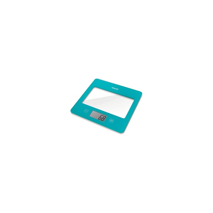 Cantar de bucatarie sticla securizata, Albastru, Ecran LCD, 1g-5kg, 1x 3V baterie litiu CR 2032