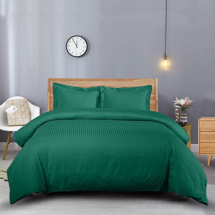 СУПЕР брачно спално бельо с квадратна калъфка, Елеганс, дамаска, райе 1 см 130 г/м², изумрудено зелено, 100% памук