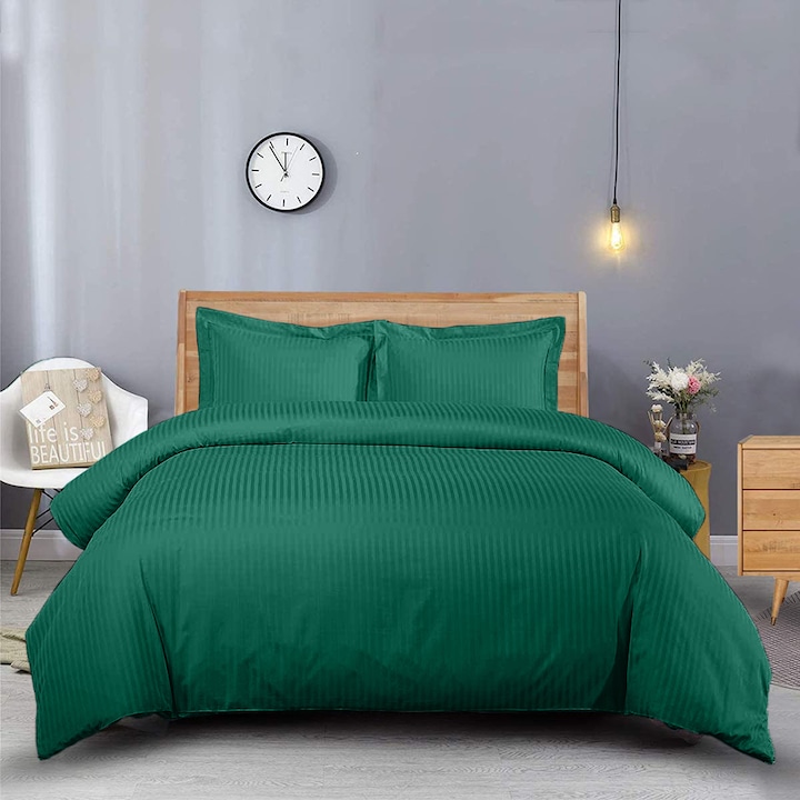 Брачно спално бельо с правоъгълна калъфка, Елеганс, дамаска, райе 1см 130гр/м2, Изумрудено зелено, 100% памук