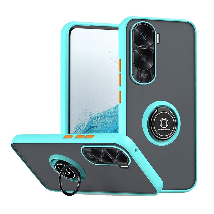 Калъф Matte Ring Grip Case, Съвместим с Honor 90 Lite, Antisoc Armor, въртящ се на 360 градуса пръстен, Вграден опорен магнит за кола, Светло син