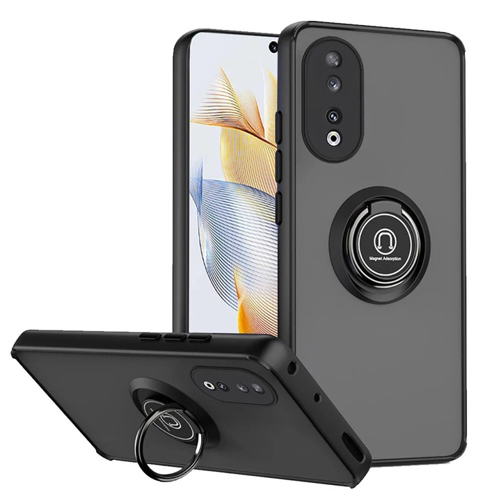 Husa Matte Ring Grip, Compatibil cu Honor 90, Antisoc Armor, Inel rotativ 360 grade, Magnet suport auto incorporat, Negru