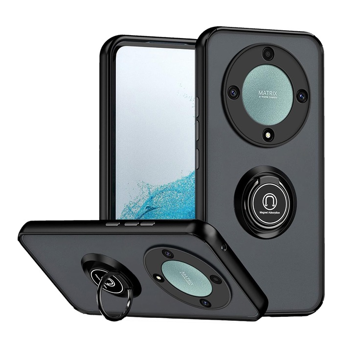 Husa Matte Ring Grip, Compatibil cu Honor Magic6 Lite, Antisoc Armor, Inel rotativ 360 grade, Magnet suport auto incorporat, Negru