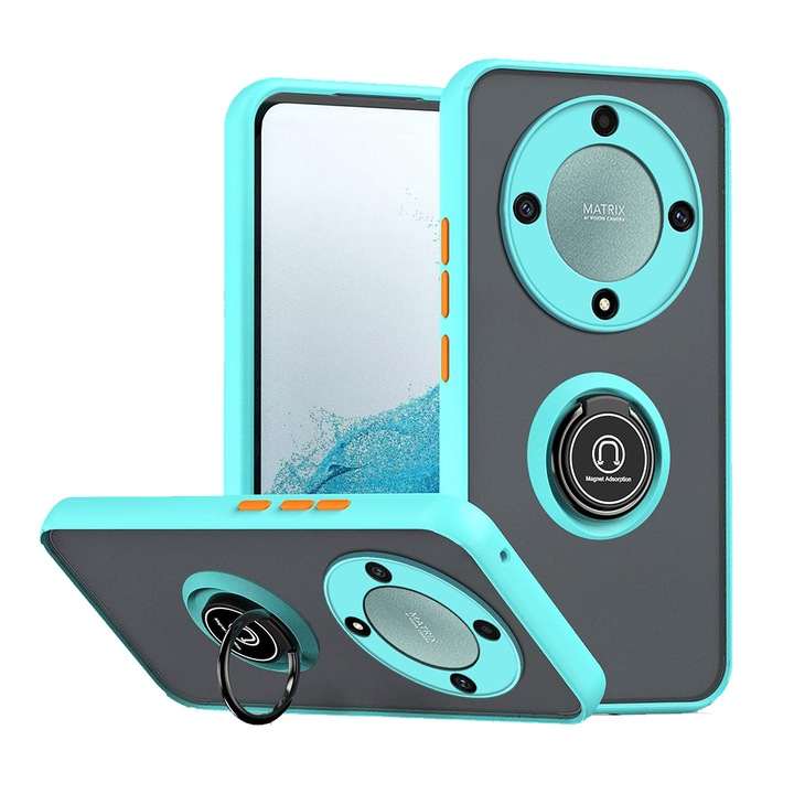 Калъф, Съвместим с Honor Magic5 Lite, Противоударен, Въртящ се на 360 градуса пръстен, Вграден опорен магнит за кола, Мат, Светло син