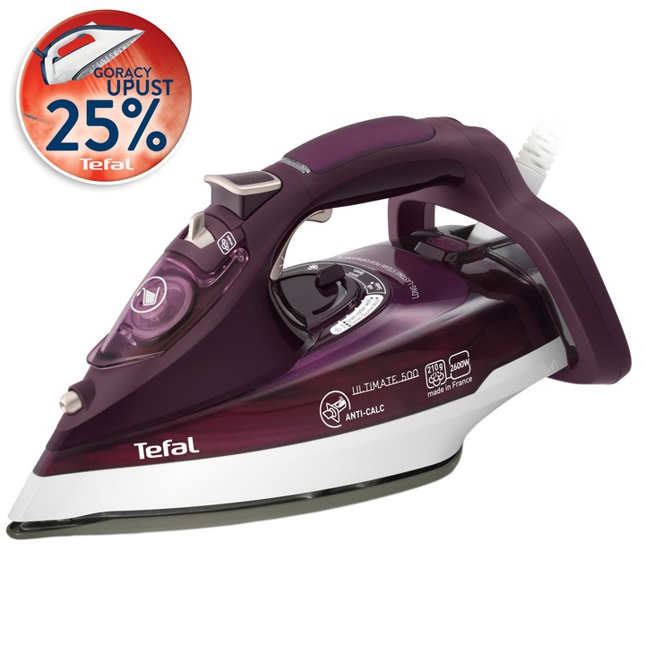 Fier de calcat Tefal Ultimate Anti-Calc FV9650, Talpa Autoclean, 2600 W, 0.32 l, 210 g/min, Alb/Visiniu