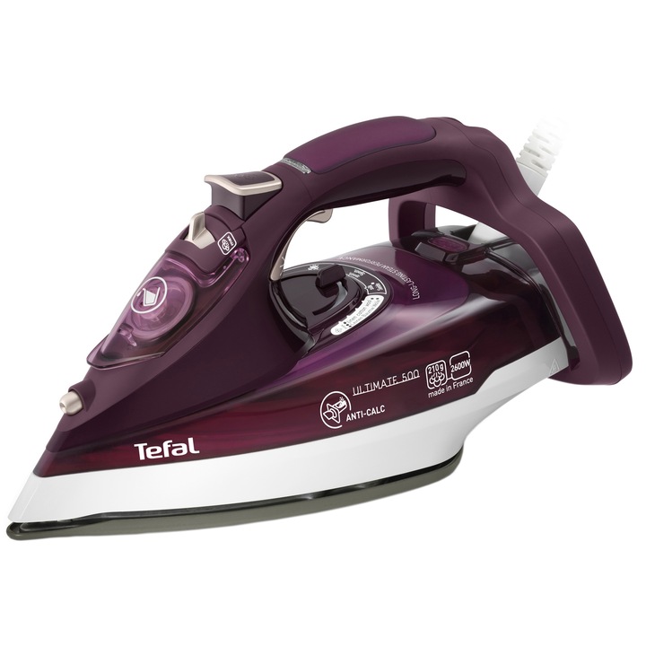 Fier de calcat Tefal Ultimate Anti-Calc FV9650, Talpa Autoclean, 2600 W, 0.32 l, 210 g/min, Alb/Visiniu