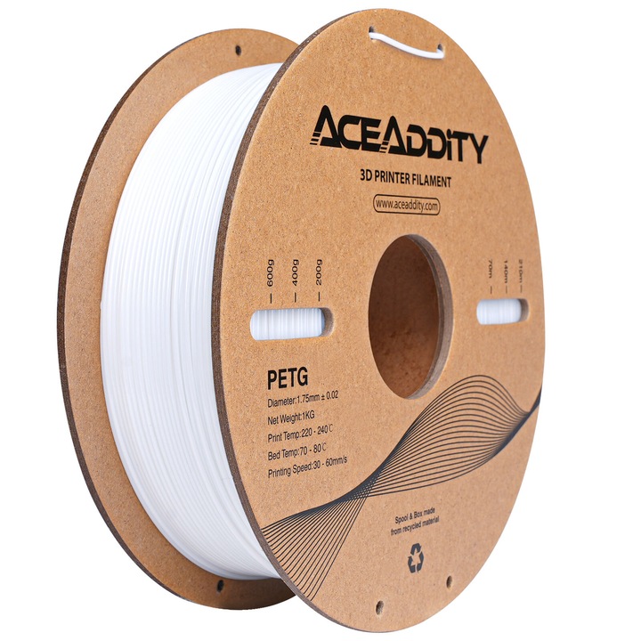 Filament imprimanta 3D, Aceaddity, PETG, 1.75mm, 1Kg, Alb