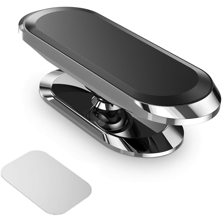 Универсална магнитна стойка за кола за телефон, въртене на 360⁰, закрепване с 8 магнита и 3M тиксо, размери 7 х 2 см, правоъгълна форма, сребро, луксер