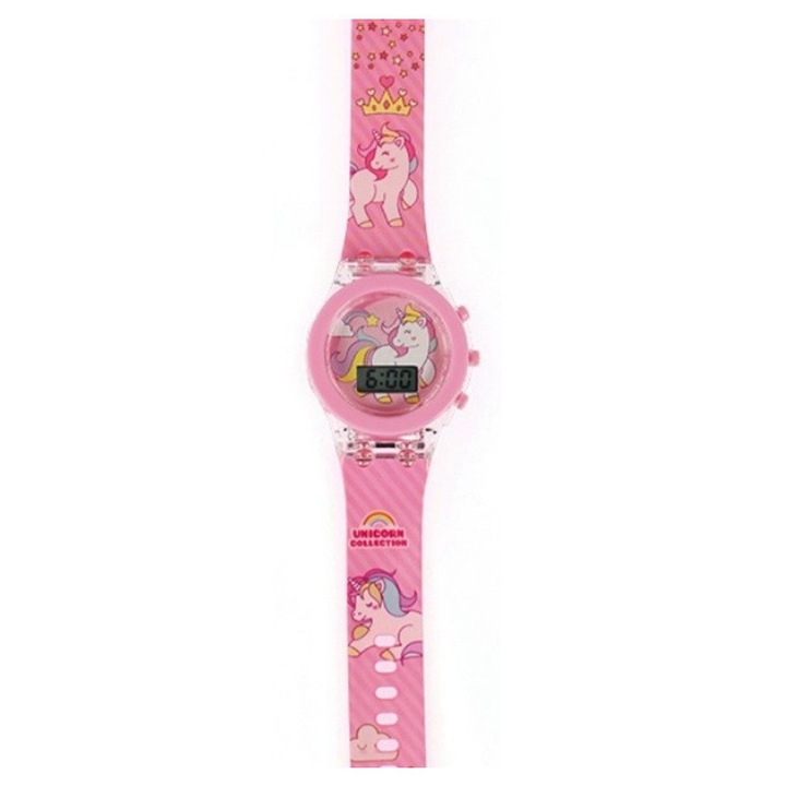 Ceas de copii Pony cu cadran afisaj electronic cu leduri luminoase si curea roz din silicon cu unicorni