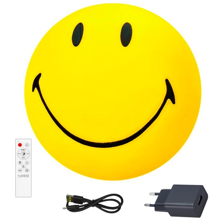 Lampa decorativa Smiley Face 72DESI, 16 W, telecomanda, cu baterie reincarcabila sau la retea, iluminare in trei culori alba/neutra/calda 3000K-6000K, 4 trepte de reglare a intensitatii luminii, diametru 23 cm, culoare galbena, clasa energetica F