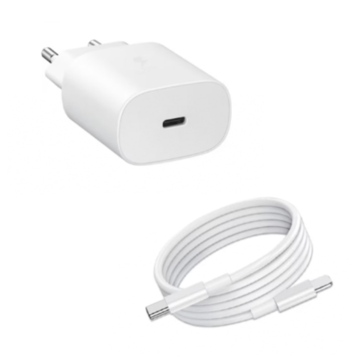 Комплект зарядно устройство WaltStore®, бързо зарядно устройство USB-C 20 W и кабел USB-C Lightning, съвместим с iPhone 14 / 14 Pro / 14 Pro Max / 13 / 13 Pro / 13 Pro Max / 12 / 12 Pro / 12 Pro Max, бял