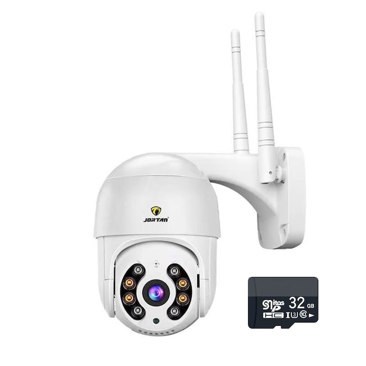 WiFi камера за наблюдение Jortan 4MP, Full HD, външна или вътрешна, аларма, сензор за движение, нощно виждане, push съобщения, микрофон, високоговорител, бял + 32GB карта с памет