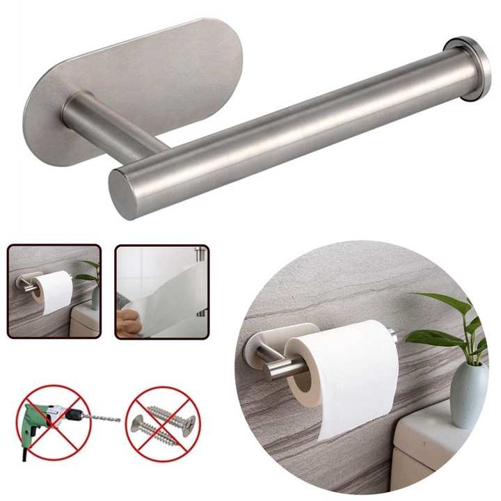 Suport pentru hartie igienica autoadeziv, NUODWELL, Rezistent la apa si rezistent la rugina, Design umanizat si usor de instalat, Pentru toaleta, dulap, baie, Otel inoxidabil, 16 x 8.2cm, Argintiu