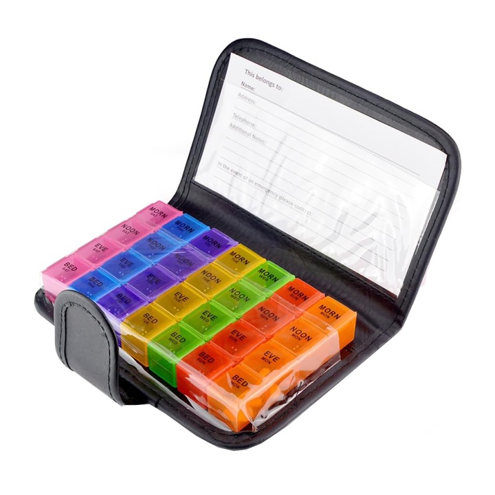 Gentuta Organizatoare de Medicamente Teno®, pastile si vitamine, 7 zile, recipiente detasabile cu 4 compartimente, compacta, 19.5 x 13.5 x 3.5 cm, multicolor