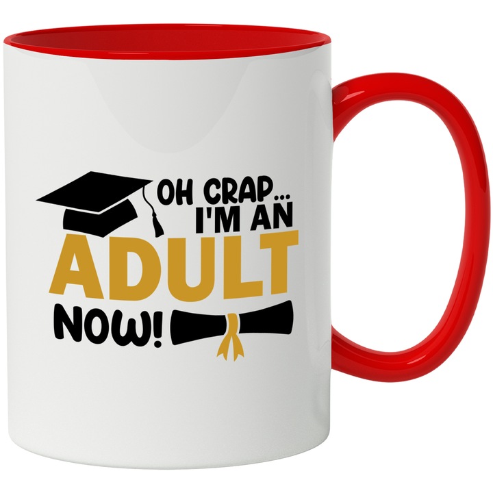 Bögre angol nyelvű üzenettel Oh vacak, már felnőtt vagyok, érettségi, kalap, diploma, iskola, diák, többszínű 330 ml, kerámia piros fogantyúval