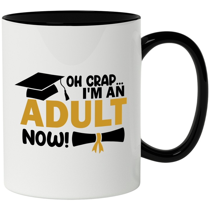 Bögre angol nyelvű üzenettel Oh vacak, már felnőtt vagyok, érettségi, kalap, diploma, iskola, diák, többszínű 330 ml, kerámia fekete fogantyúval