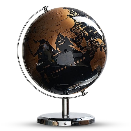 Glob pamantesc, Timebox, diametru 14 cm, talpa si suport din aluminiu, decoratiune birou, Negru/Bronze