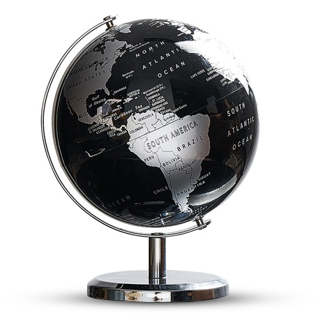 Glob pamantesc, Timebox, diametru 14 cm, talpa si suport din aluminiu, decoratiune birou, Negru/Silver