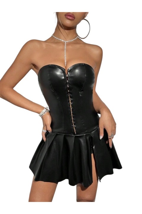 Плисирана кожена рокля с бюст корсет, черна, Черен
