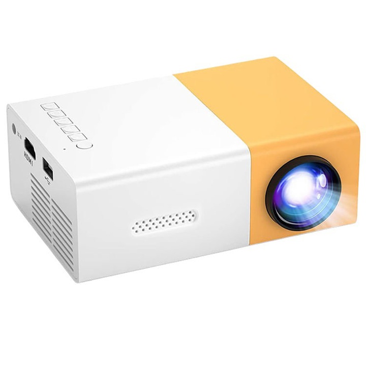 Mini videoproiector IARMAC, Full HD, 1920x1080, 600 Lm, Focalizare manuala, USB/SDcard/Aux, Portabil, Galben