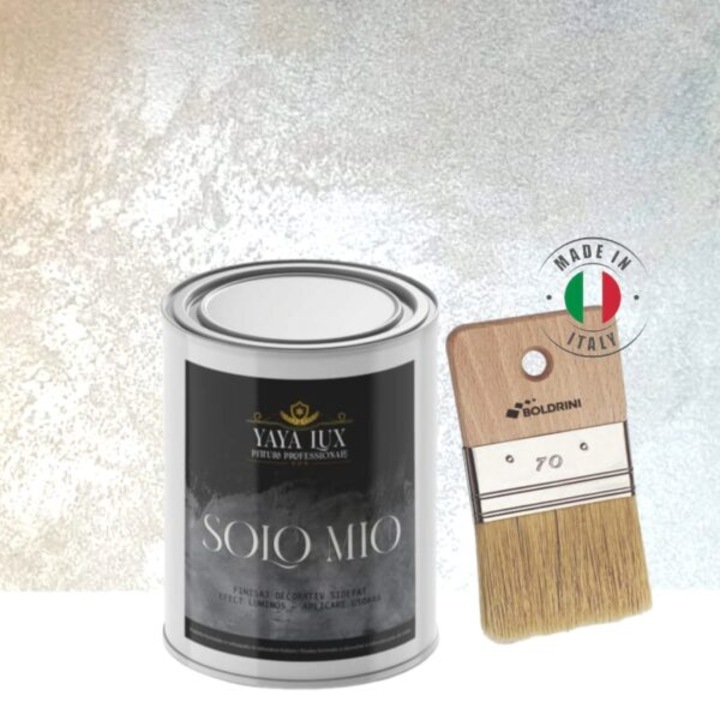 Vopsea Decorativa de Lux, Solo Mio, Gri Verzui, cu Cristale Lichide Stralucitoare, Efecte Spectaculoase, 1 L si Pensula 70 mm