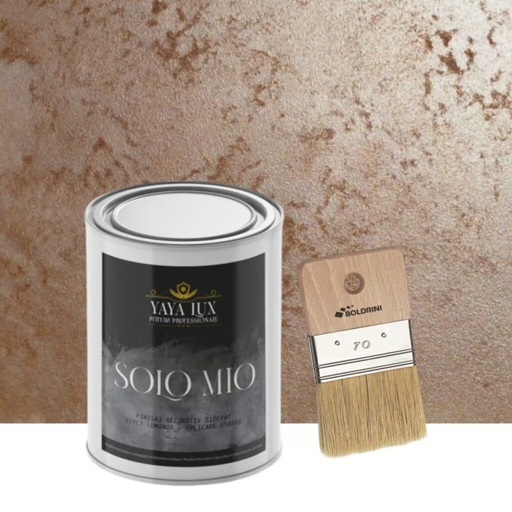 Vopsea Decorativa de Lux, Solo Mio, Maro Cafeniu, cu Cristale Lichide Stralucitoare, Efecte Spectaculoase, 1 L si Pensula 70 mm