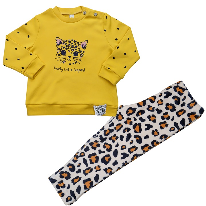 Compleu 2 Piese Pentru Fete "Lovely Leopard" Bluza Maneca Lunga Si Colanti Din Catifea, Print Leopard, Galben mustar