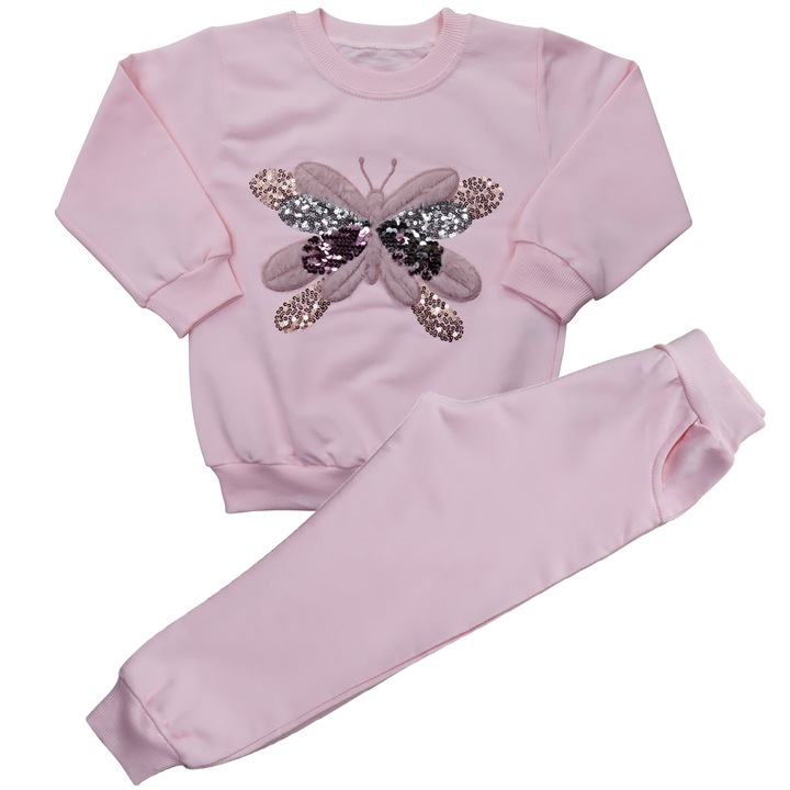 Compleu 2 Piese Pentru Fete "Fluturas" Bluza Maneca Lunga Si Pantaloni Lungi, Roz