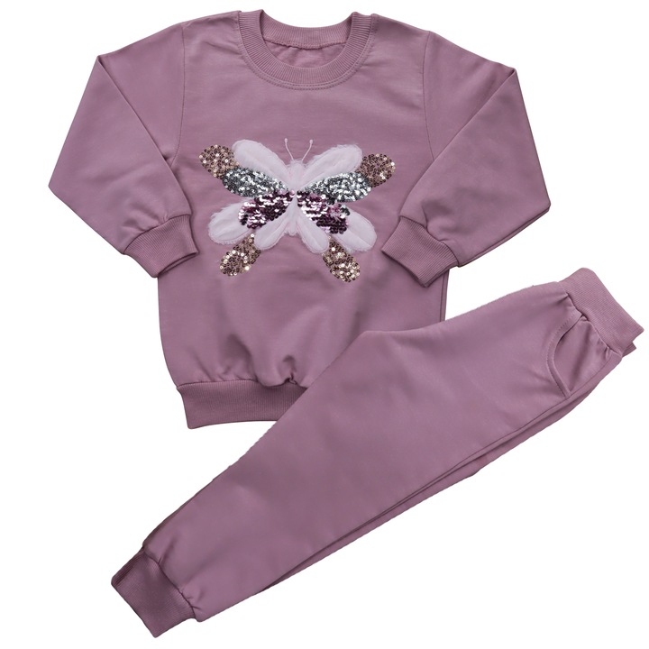 Compleu 2 Piese Pentru Fete "Fluturas" Bluza Maneca Lunga Si Pantaloni Lungi, Violet tyrian