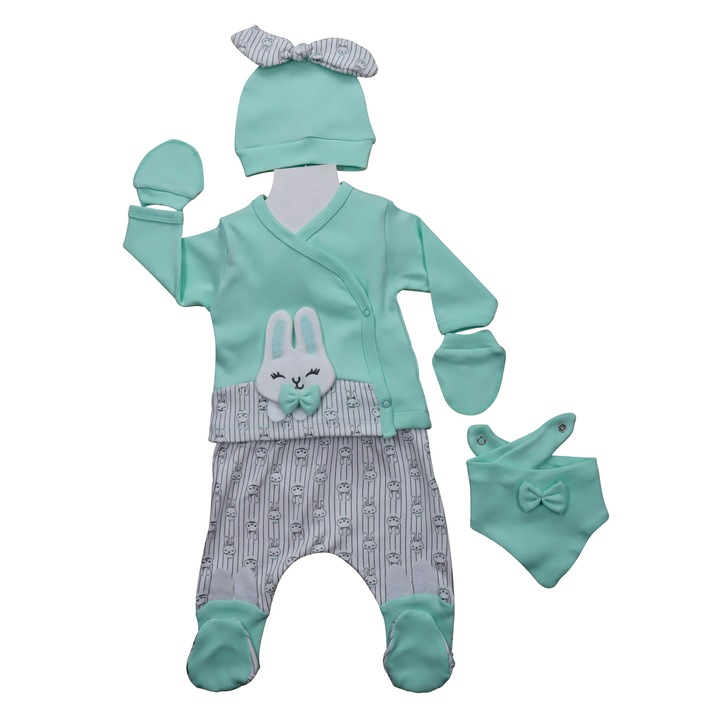 Set Pentru Bebelusi, 5 Piese "Bunny", Bluza, Pantaloni, Bavetica, Bentita Si Manusi Anti-alergic, Bumbac, Verde menta, 62 CM