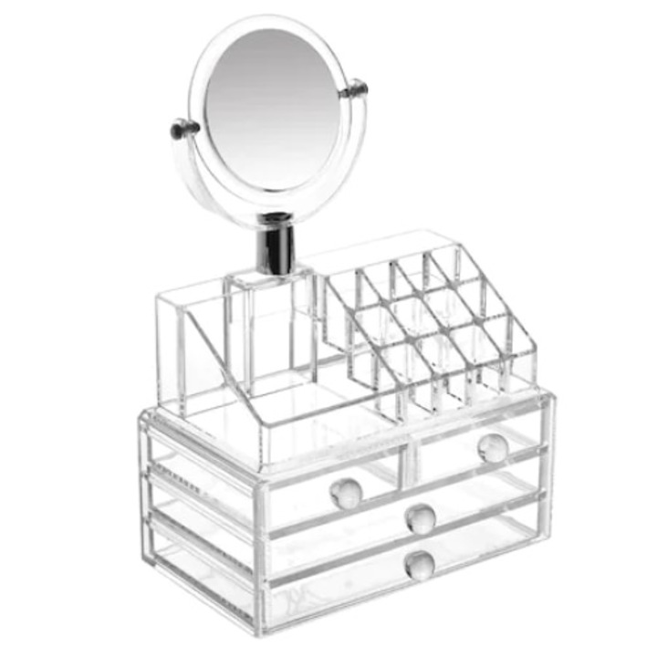 Organizator pentru cosmetice, cu oglinda, din acril, cu 4 sertare si 13 compartimente deschise, alb/transparent