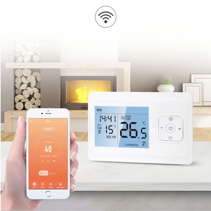 Termostat de Ambient Smart LUXEMATE®, Wireless, Programare Saptamanala, Control de la Distanta a Temperaturii Ambientale prin Internet/Telefon, Compatibil cu Orice Centrala pe Gaz, Alb