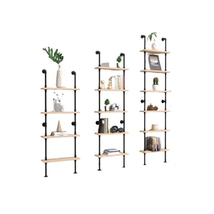 Set 3 biblioteci in stil industrial, Ockeridge, negru/natur
