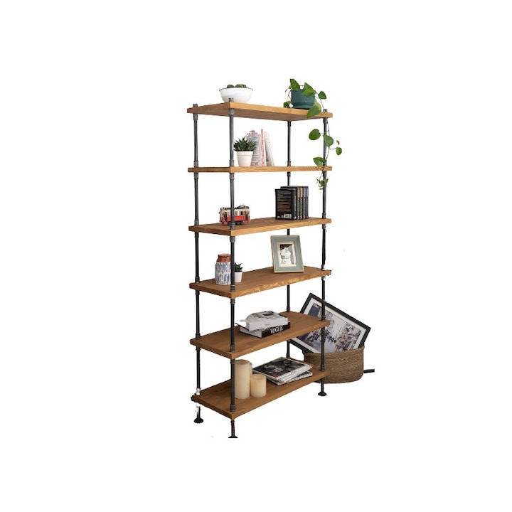 Biblioteca in stil industrial, Edzell, 60 x 110 x 20 cm, negru/nuc
