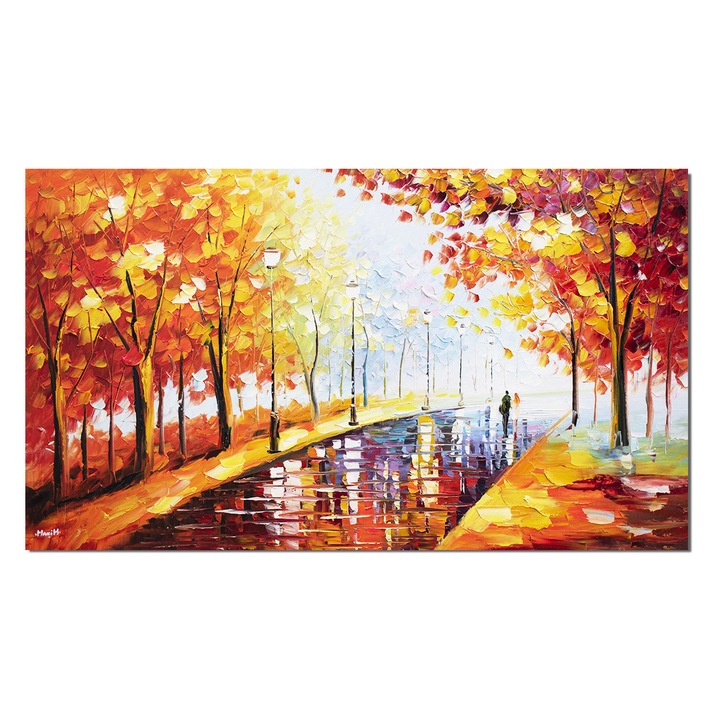 Tablou pictat manual living, dormitor, Noi doi pe aleea vietii, 120x70cm pictura peisaj cu pereche de indragostiti, in ulei pe panza, in relief efect 3D