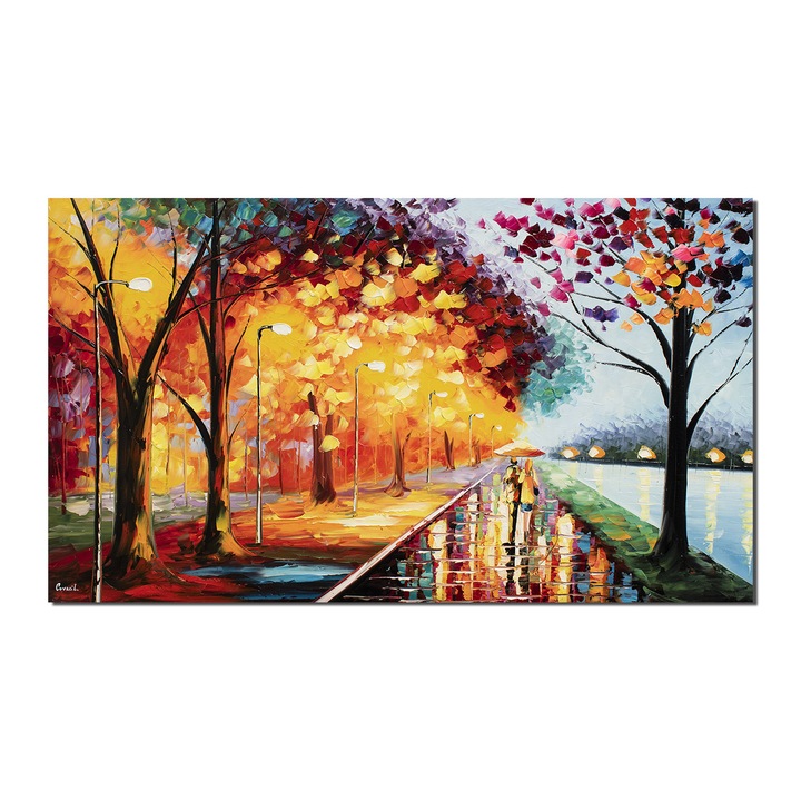 Tablou pictat manual living, dormitor, O seara linistita impreuna, 120x70cm pictura pereche de indragostiti, in cutit ulei pe panza, in relief efect 3D