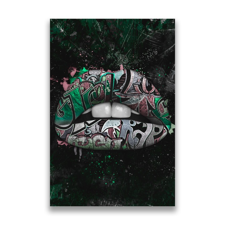 Първокласна картина на платно, LuxCanva® A1148, Зелени устни, 40 X 60 CM, 100% памучно платно 400g/m2, Дървена рамка, Декоративна, Зелено, Устни, Целувка, Живи цветове