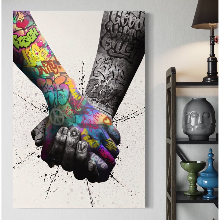 Премиум картина върху платно, LuxCanva® A1149, 2Hands, 100 X 120 CM, 100% памучно платно 400g/m2, дървена рамка, декоративна, любов, улично изкуство, графити, ярки цветове