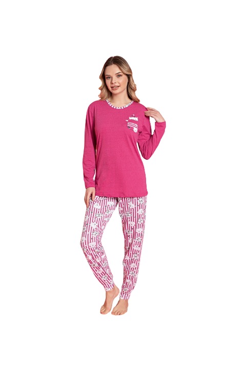 Pijama dama, 2 piese, bumbac, cat, culoare roz