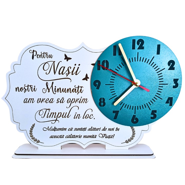 Tablou ceas personalizat cu mesaj standard ''Nasii nostri minunati...'', cadou pentru nasi, dimensiune 30x20cm, cadran turcoaz, alb