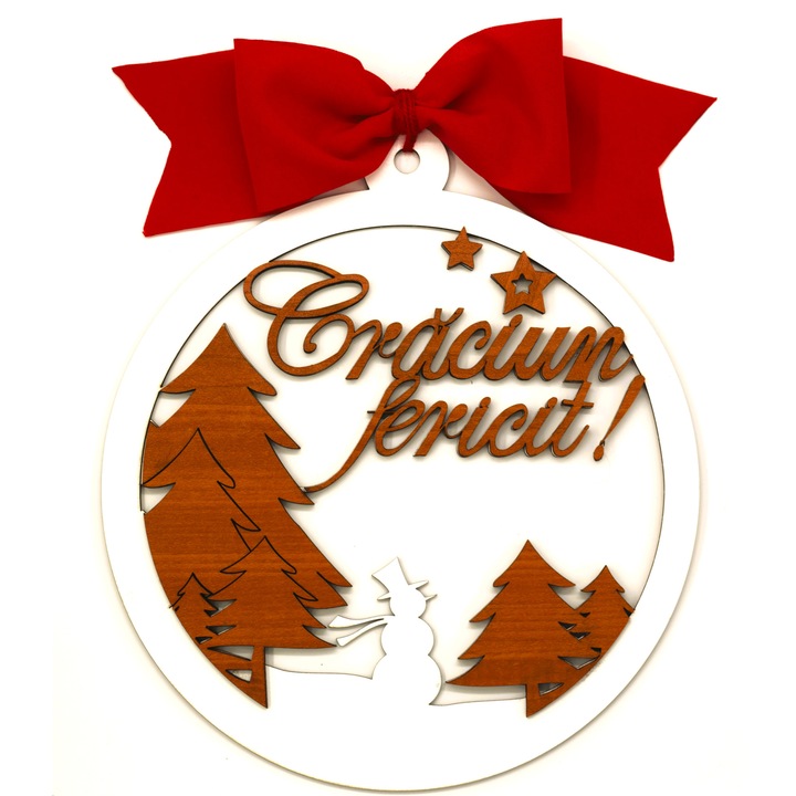 Decoratiune Craciun Fericit, din lemn, 24 cm diametru