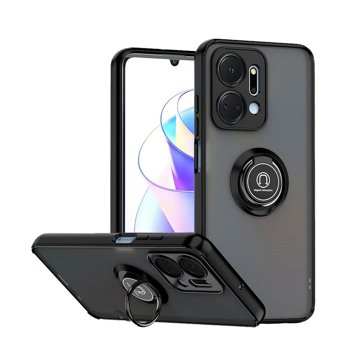 Husa Matte Ring Grip, Compatibil cu Honor X7a, Antisoc Armor, Inel rotativ 360 grade, Magnet suport auto incorporat, negru