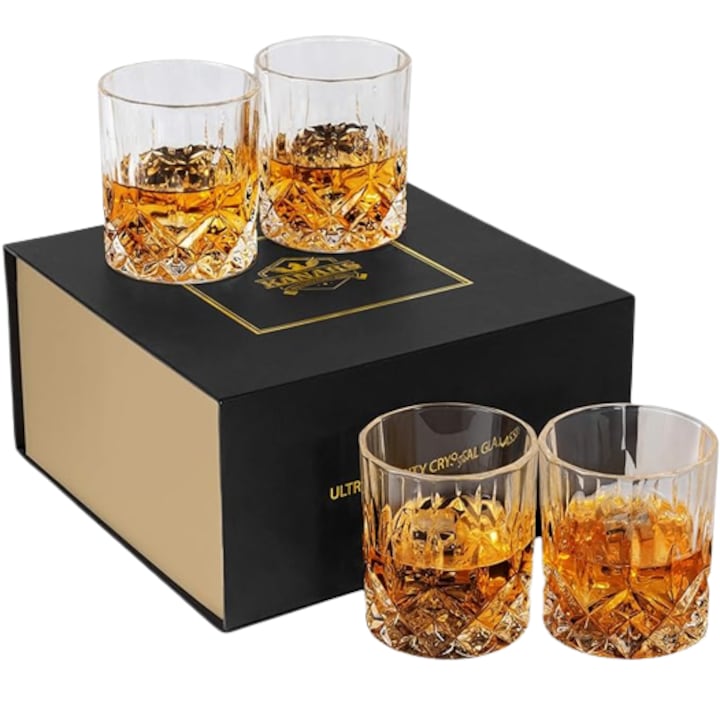 4 db KANARS whiskys pohár készlet, Ólommentes kristály, 300 ml, Luxus dobozzal