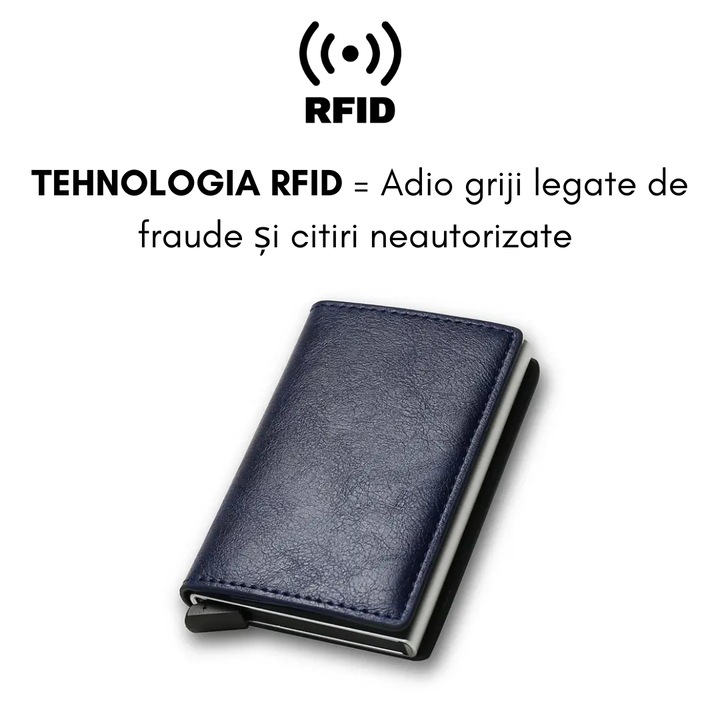 Портфейл PortCard, От екологична кожа, RFID технология - алуминиев корпус против кражба и неоторизирано четене, Ultra Slim, Unisex, 5-7 карти, Dark Blue