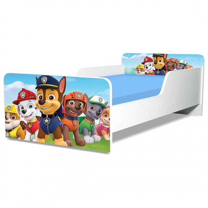Pat pentru copii, Patrula Catelusilor, 130x60 cm, Multicolor, Saltea inclusa