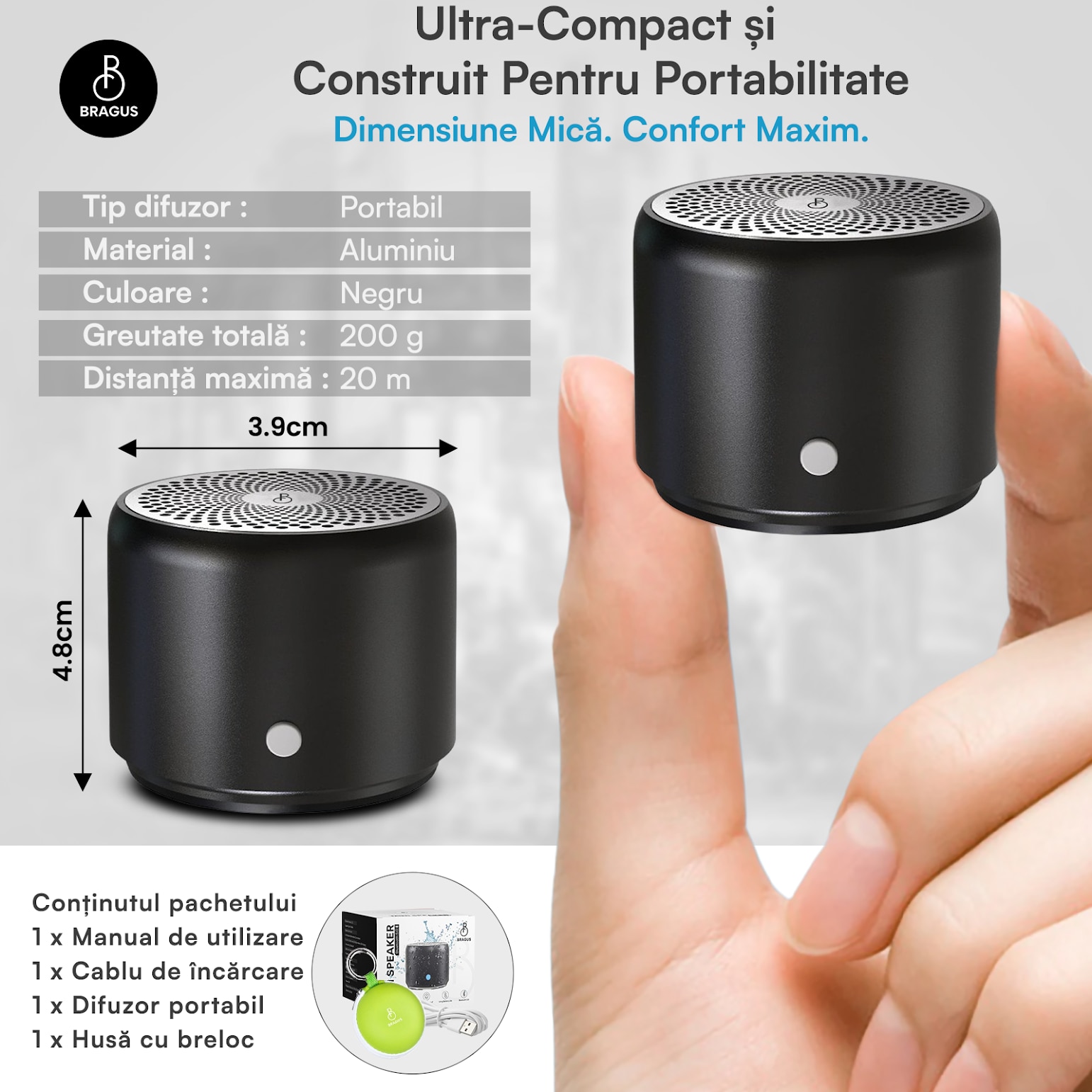 Boxa Portabila Mini, BRAGUS, Boxa Bluetooth 5.0, Rezistenta la Apa IPX7 ...