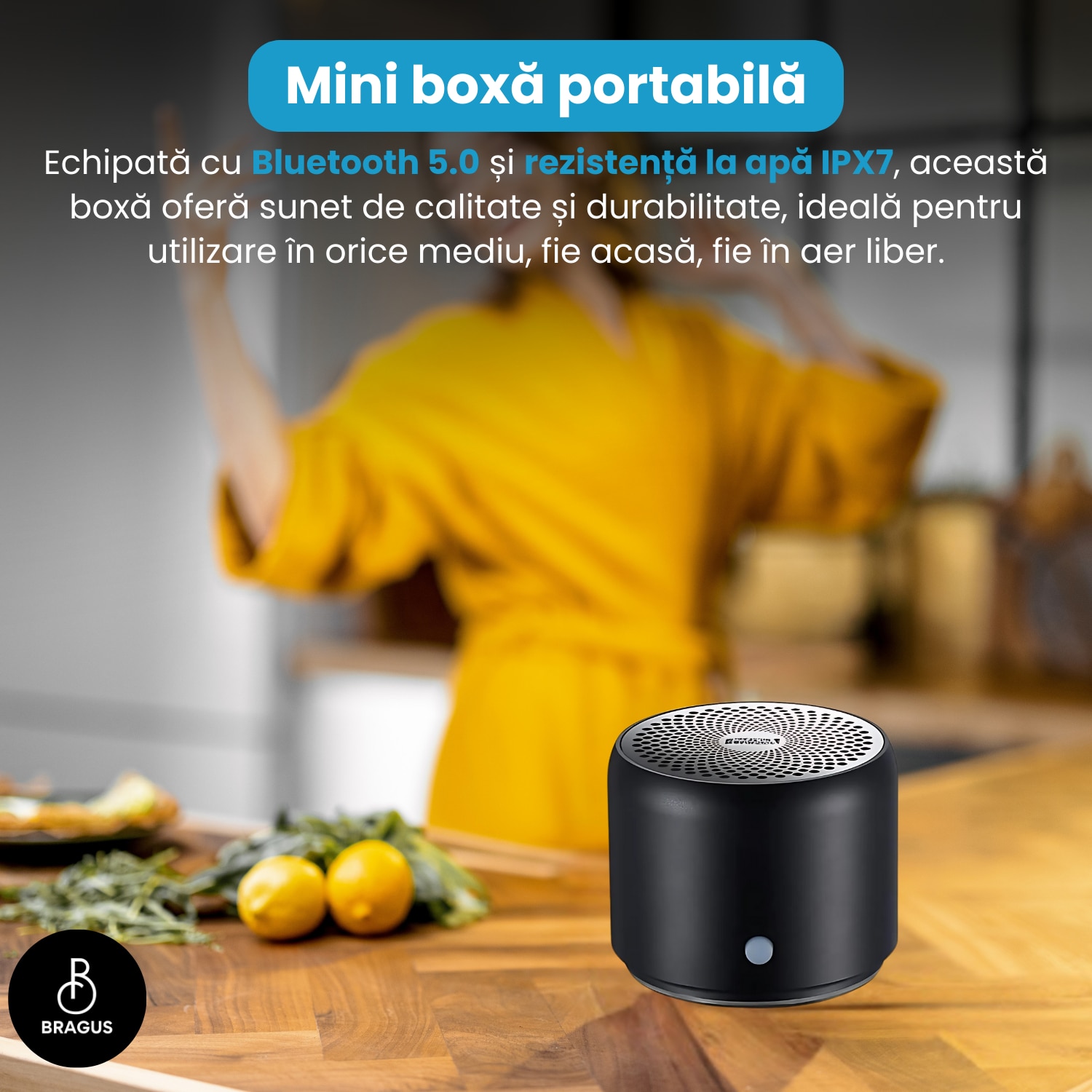 Boxa Portabila Mini, BRAGUS, Boxa Bluetooth 5.0, Rezistenta la Apa IPX7 ...