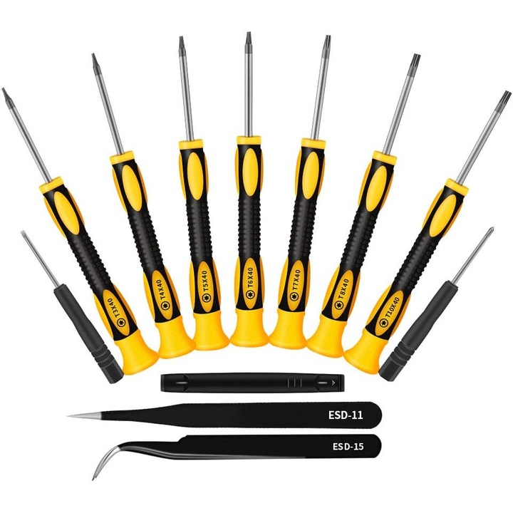 Комплект от 12 прецизни отвертки и пинсети, Jormftte, Torx T3-T15, жълто / черно