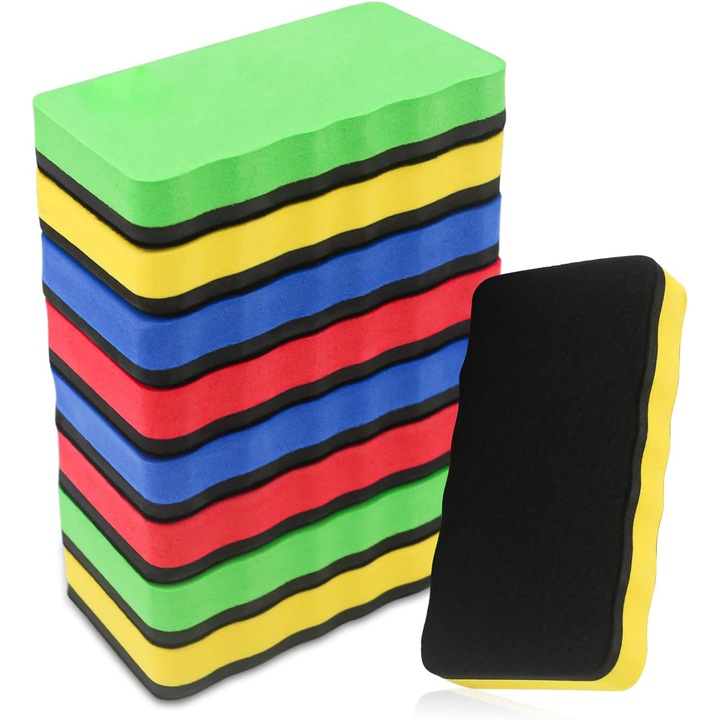 Магнитна гъба за черна дъска, NUODWELL, Комплект от 8 части, EVA материал, силен почистващ капацитет, ергономичен дизайн, отлична абсорбираща способност, многоцветен