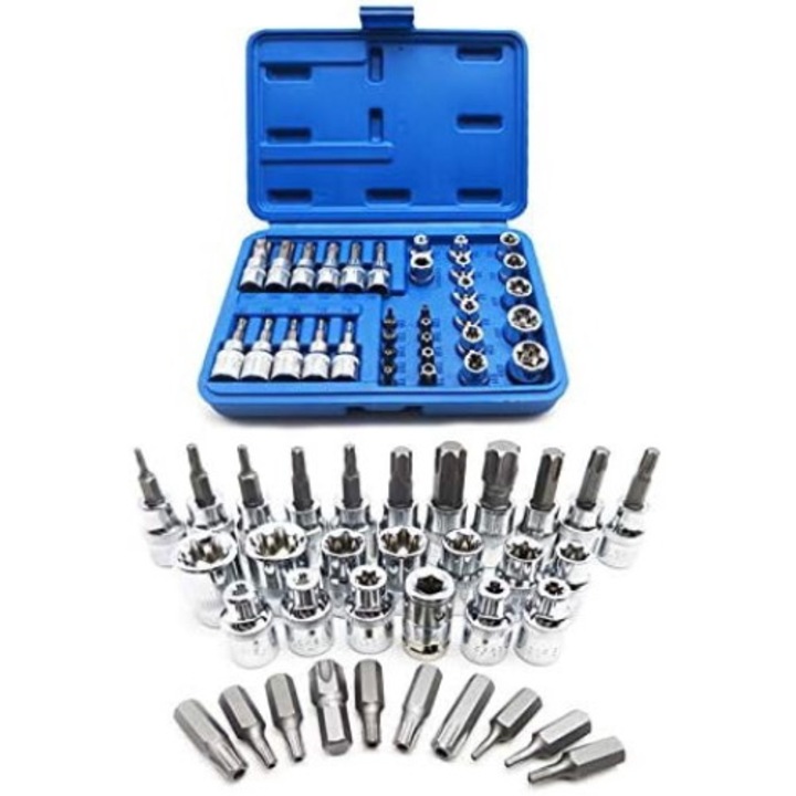 Комплект 34 гаечни ключове Torx, Jormftte, 3/8", 5/16", с кутия, сребристо/синьо