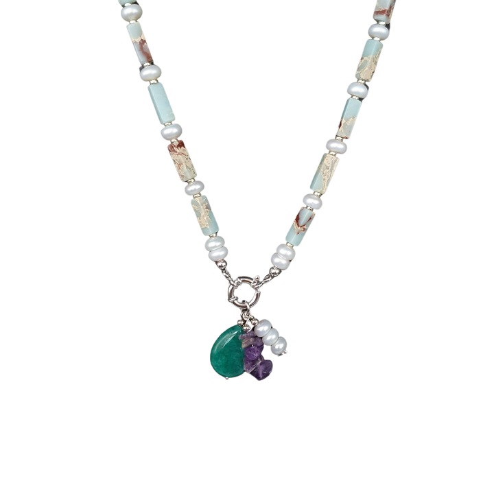 Colier din jasp imperial si perle discuri cu pandantiv din ametist, perle si aventurin cu accesorii si sistem de inchidere din argint rodiat